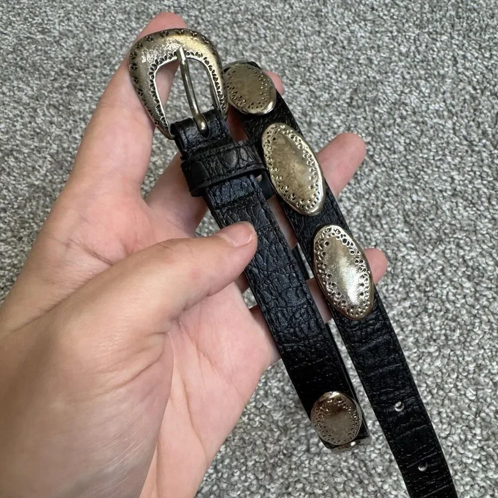 Express Concho Belt Womens S Black Genuine Leather Western Skinny Cowgirl Boho